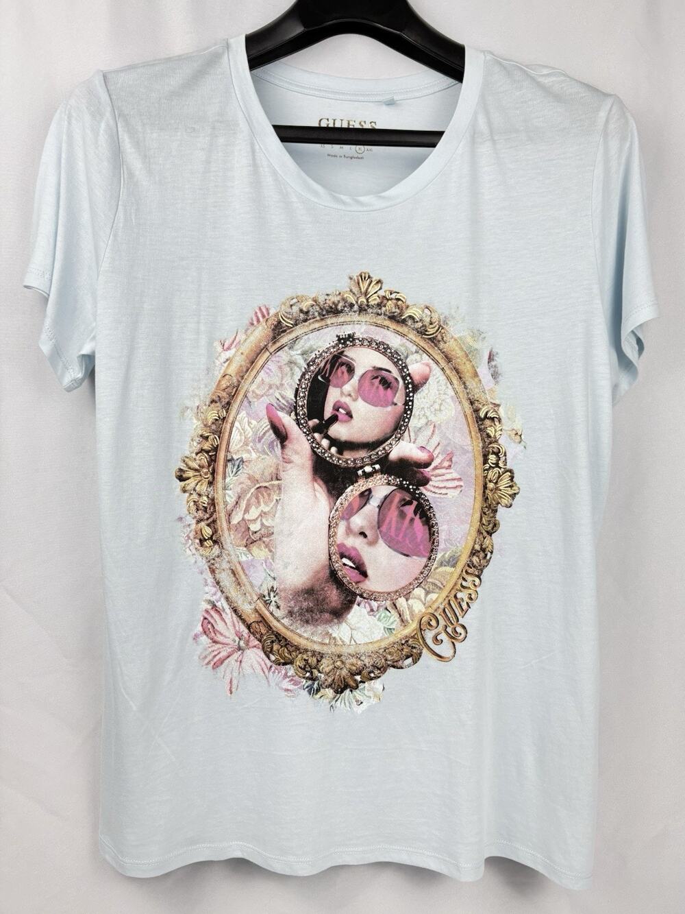 GUESS Women’s Mirror Graphic T-Shirt Light Blue Embellished Cotton Modal Size XL
